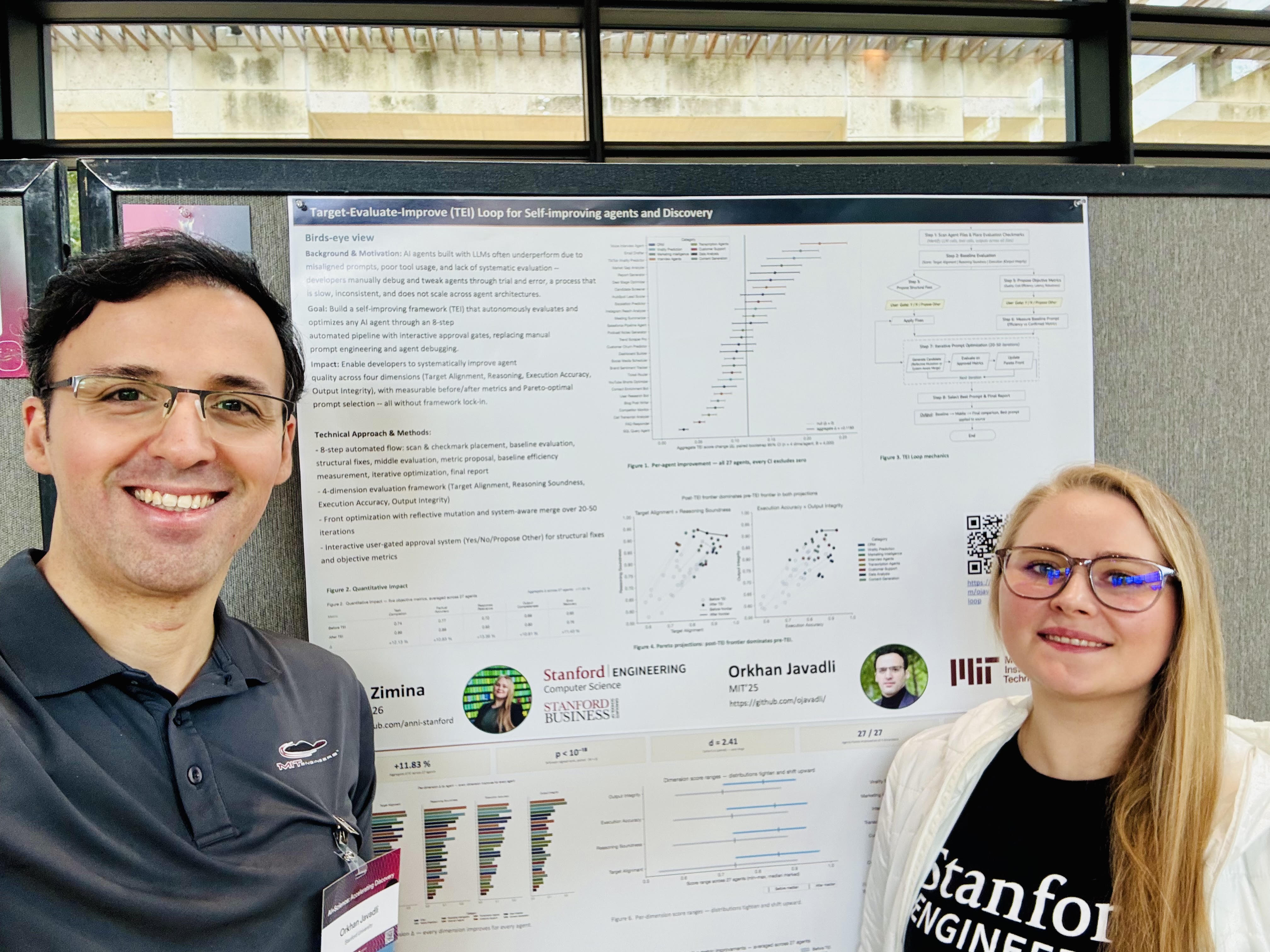 Anni Zimina in front of the TEI Loop poster at AI + Science: Accelerating Discovery, Stanford HAI